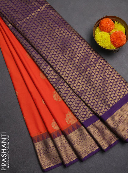 Semi soft silk saree orange and purple with zari woven buttas and temple design zari woven border