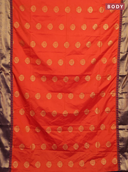 Semi soft silk saree orange and purple with zari woven buttas and temple design zari woven border