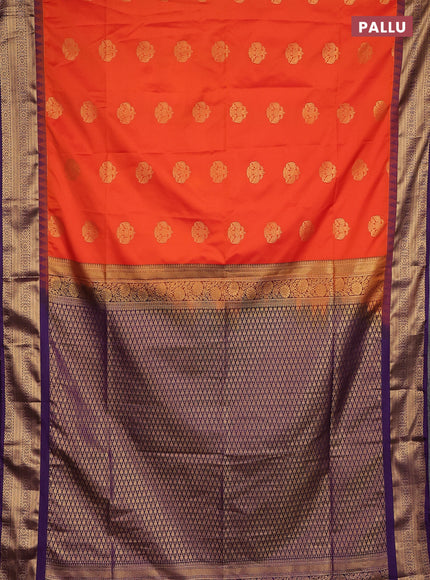 Semi soft silk saree orange and purple with zari woven buttas and temple design zari woven border