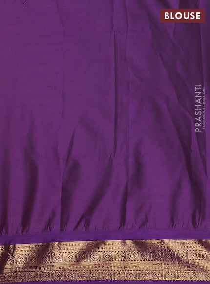Semi soft silk saree orange and purple with zari woven buttas and temple design zari woven border