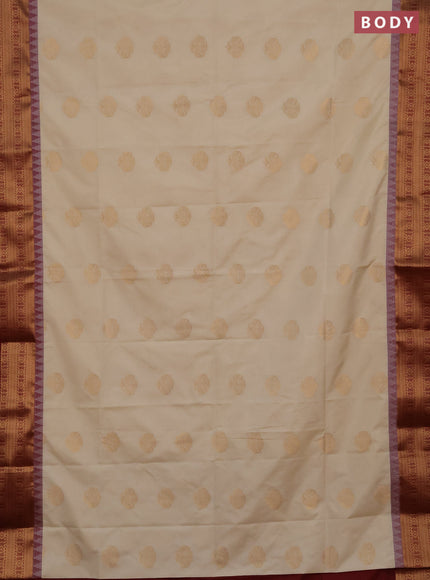 Semi soft silk saree cream and maroon with zari woven buttas and temple design zari woven border