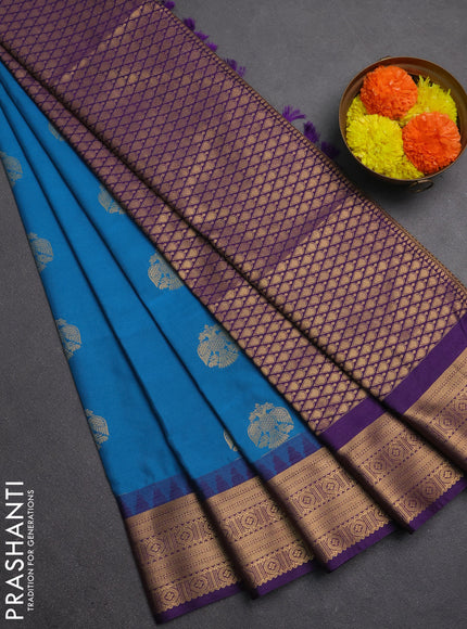 Semi soft silk saree cs blue and purple with zari woven buttas and temple design zari woven border