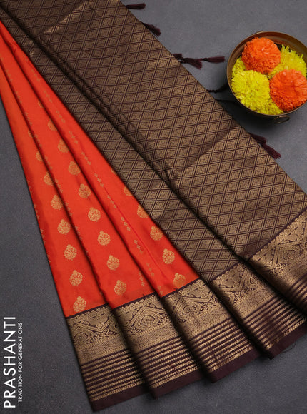 Semi soft silk saree orange and coffee brown with allover zari woven buttas and zari woven border