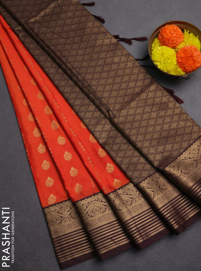 Semi soft silk saree orange and coffee brown with allover zari woven buttas and zari woven border