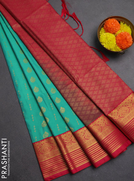 Semi soft silk saree teal green and pink with allover zari woven buttas and zari woven border