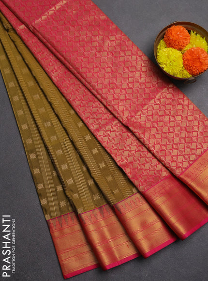 Semi soft silk saree mustard green and pink with allover zari weaves & buttas and zari woven border