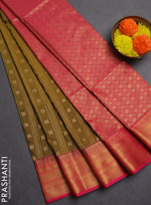 Semi soft silk saree mustard green and pink with allover zari weaves & buttas and zari woven border