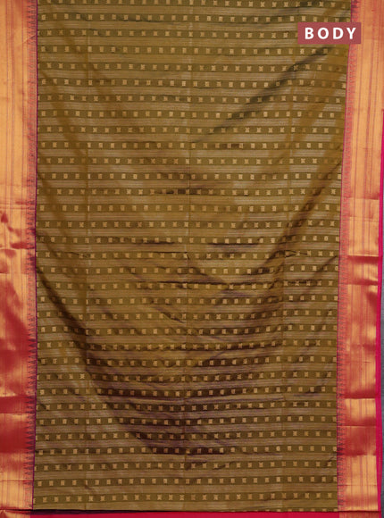Semi soft silk saree mustard green and pink with allover zari weaves & buttas and zari woven border