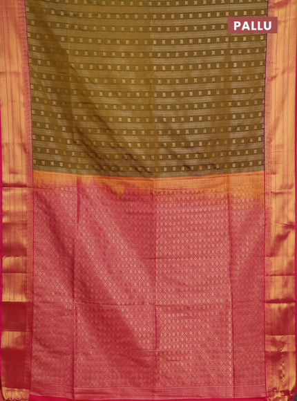 Semi soft silk saree mustard green and pink with allover zari weaves & buttas and zari woven border