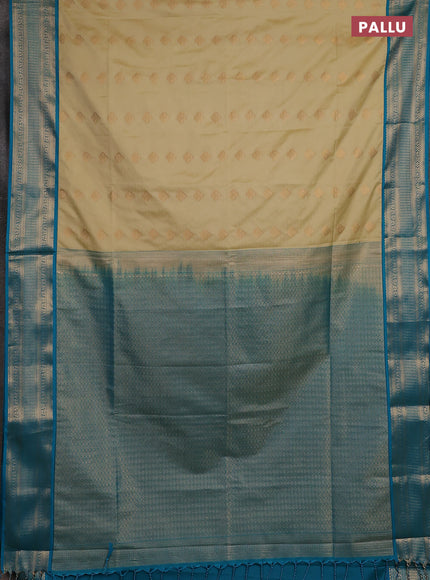 Semi soft silk saree beige and teal blue with zari woven butta border and zari woven border