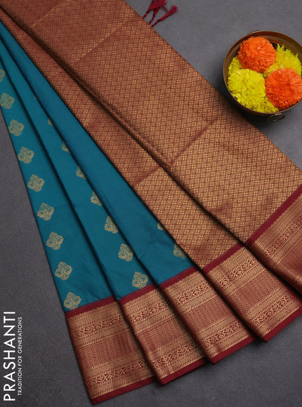 Semi soft silk saree teal green and maroon with zari woven butta border and zari woven border