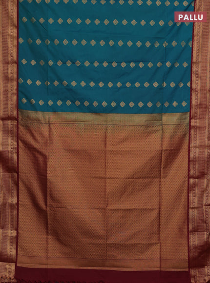Semi soft silk saree teal green and maroon with zari woven butta border and zari woven border