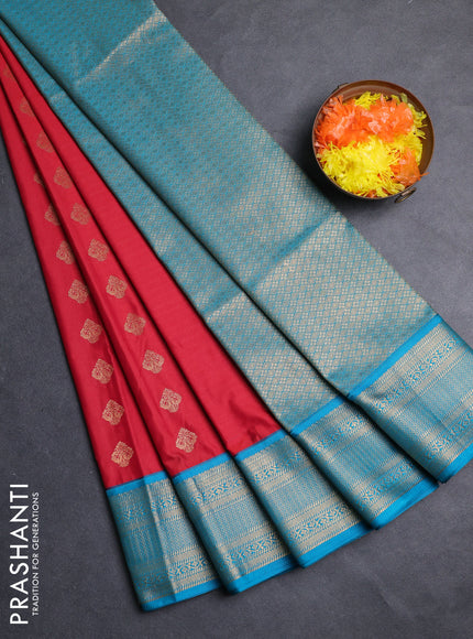 Semi soft silk saree red and teal green with zari woven butta border and zari woven border