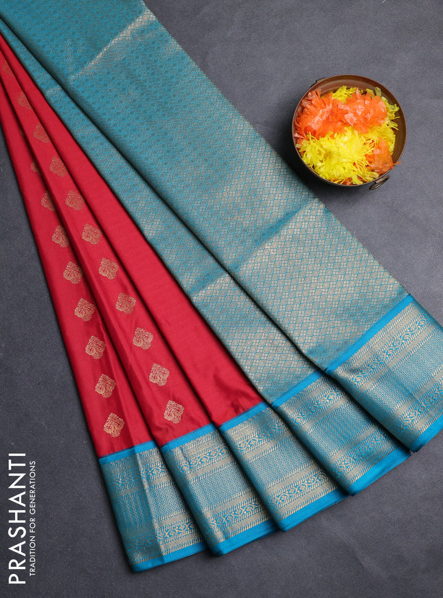 Semi soft silk saree red and teal green with zari woven butta border and zari woven border
