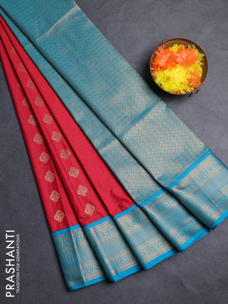 Semi soft silk saree red and teal green with zari woven butta border and zari woven border