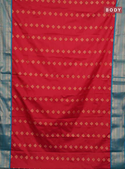 Semi soft silk saree red and teal green with zari woven butta border and zari woven border