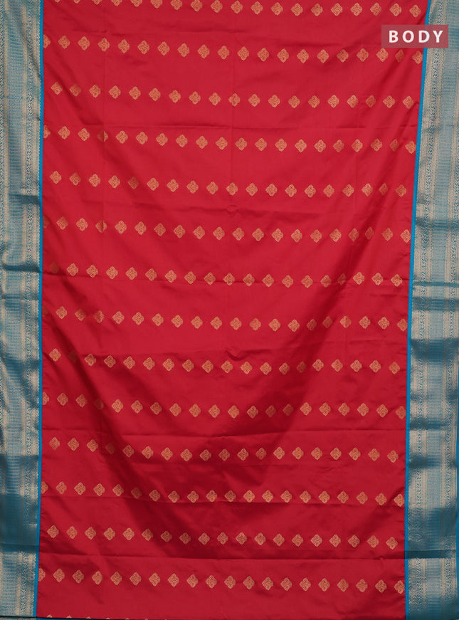 Semi soft silk saree red and teal green with zari woven butta border and zari woven border