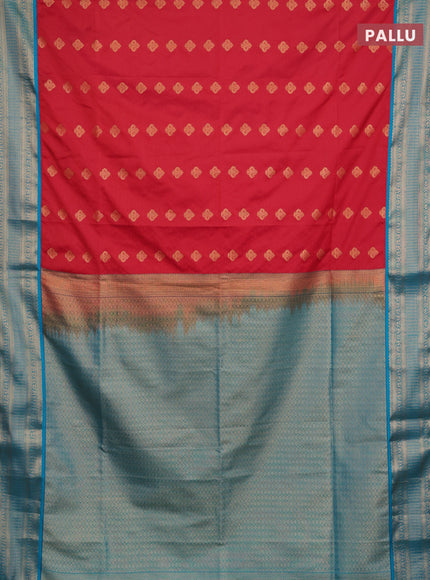 Semi soft silk saree red and teal green with zari woven butta border and zari woven border