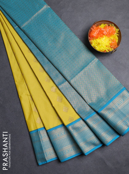 Semi soft silk saree lime yellow and teal blue with zari woven butta border and zari woven border