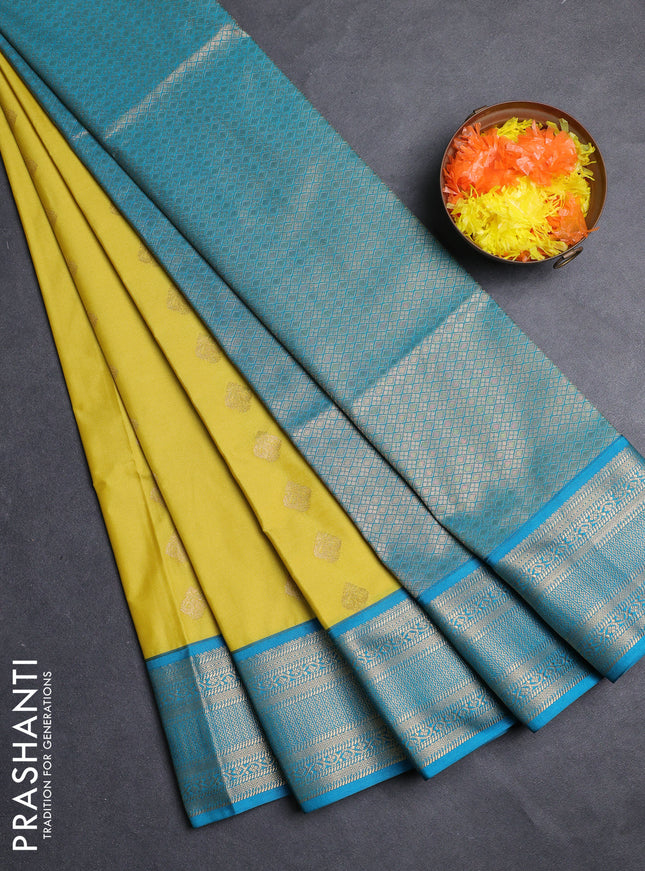Semi soft silk saree lime yellow and teal blue with zari woven butta border and zari woven border