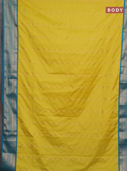 Semi soft silk saree lime yellow and teal blue with zari woven butta border and zari woven border