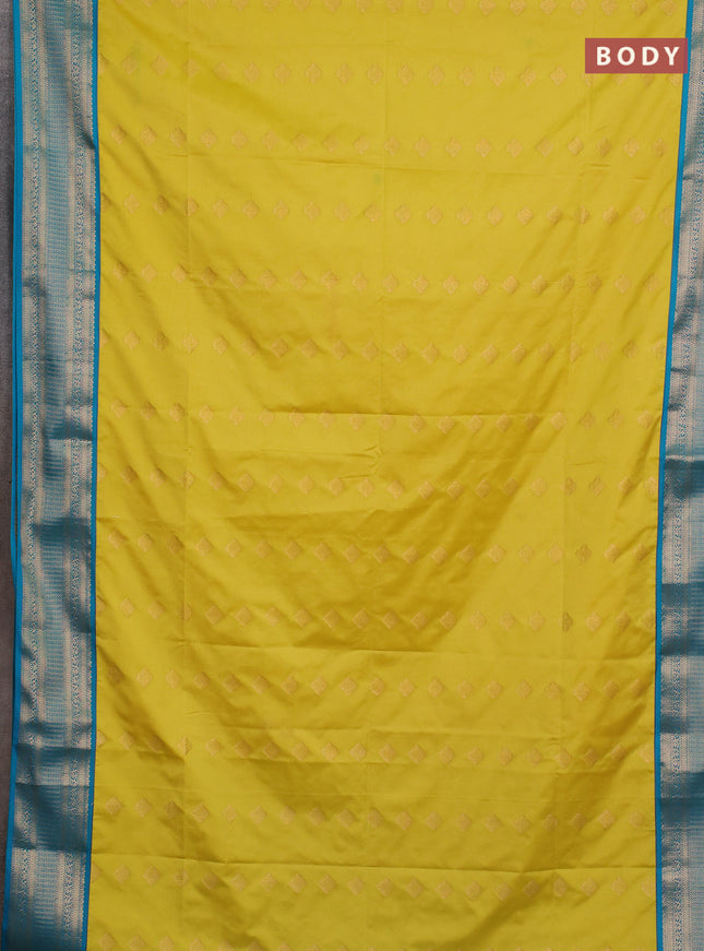 Semi soft silk saree lime yellow and teal blue with zari woven butta border and zari woven border