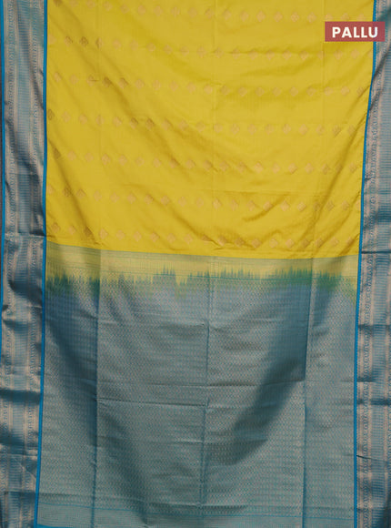 Semi soft silk saree lime yellow and teal blue with zari woven butta border and zari woven border