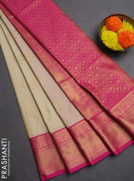 Semi soft silk saree beige and pink with zari woven butta border and zari woven border