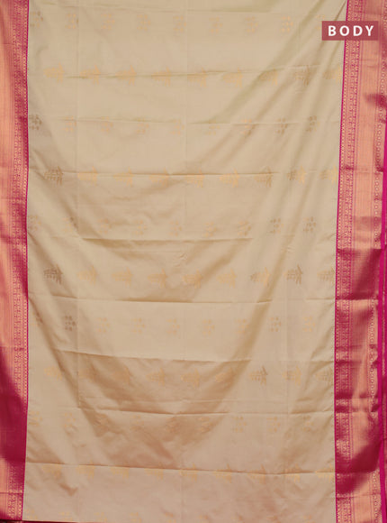Semi soft silk saree beige and pink with zari woven butta border and zari woven border