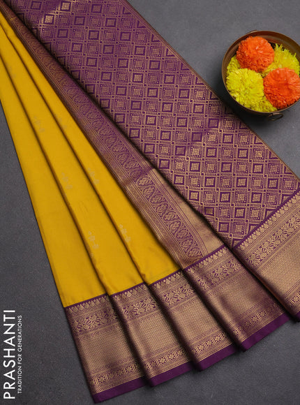 Semi soft silk saree mustard yellow and purple with zari woven butta border and zari woven border