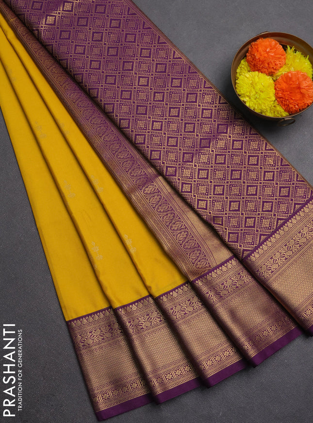 Semi soft silk saree mustard yellow and purple with zari woven butta border and zari woven border