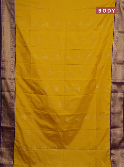 Semi soft silk saree mustard yellow and purple with zari woven butta border and zari woven border