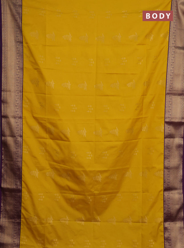 Semi soft silk saree mustard yellow and purple with zari woven butta border and zari woven border
