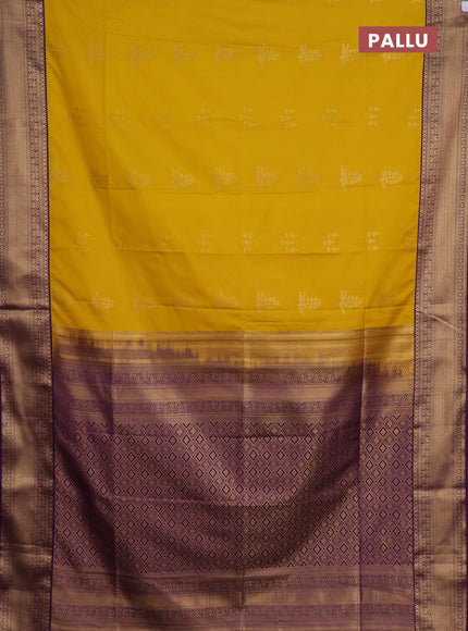 Semi soft silk saree mustard yellow and purple with zari woven butta border and zari woven border