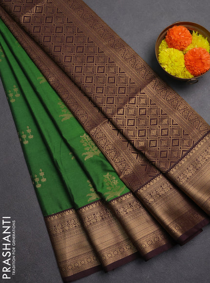Semi soft silk saree green and coffee brown with zari woven butta border and zari woven border