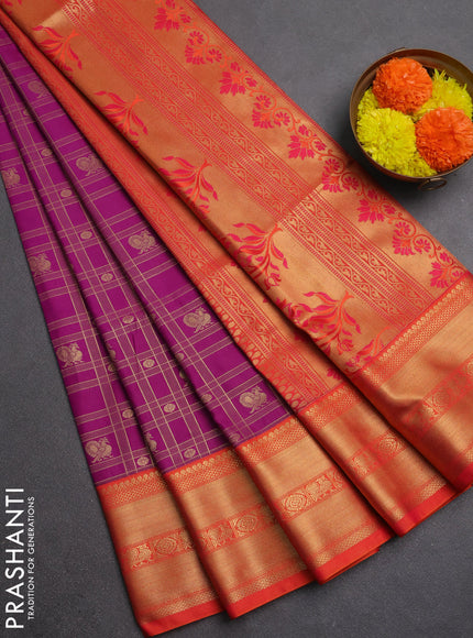 Semi soft silk saree magenta pink and orange with allover zari checks & buttas and zari woven border