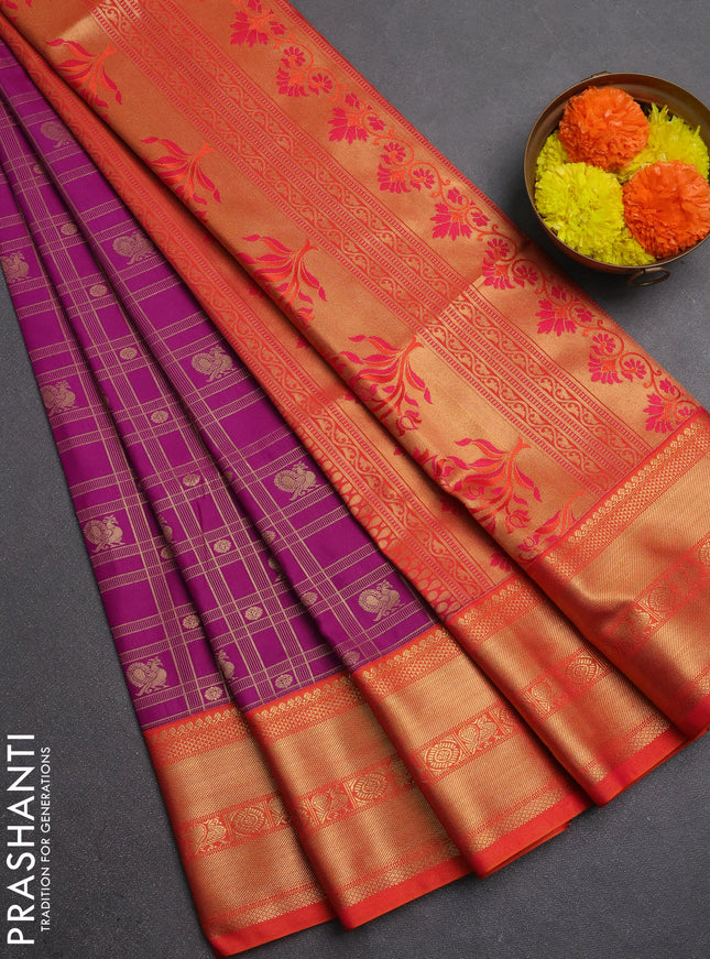 Semi soft silk saree magenta pink and orange with allover zari checks & buttas and zari woven border