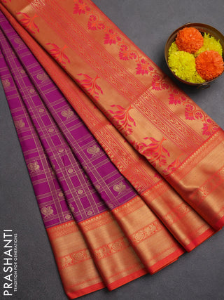Semi soft silk saree magenta pink and orange with allover zari checks & buttas and zari woven border