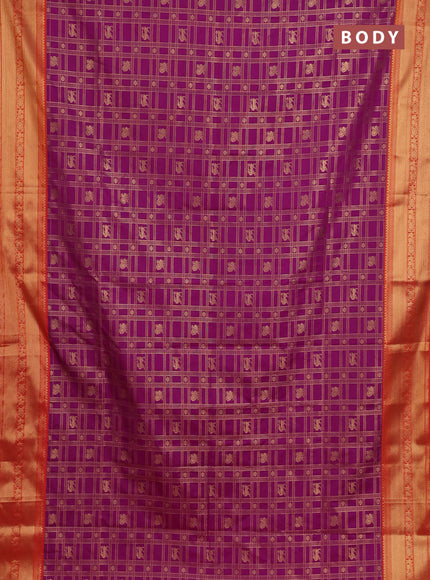 Semi soft silk saree magenta pink and orange with allover zari checks & buttas and zari woven border