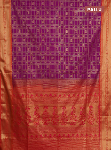 Semi soft silk saree magenta pink and orange with allover zari checks & buttas and zari woven border
