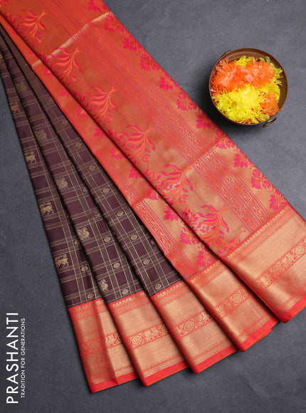 Semi soft silk saree coffee brown and orange with allover zari checks & buttas and zari woven border