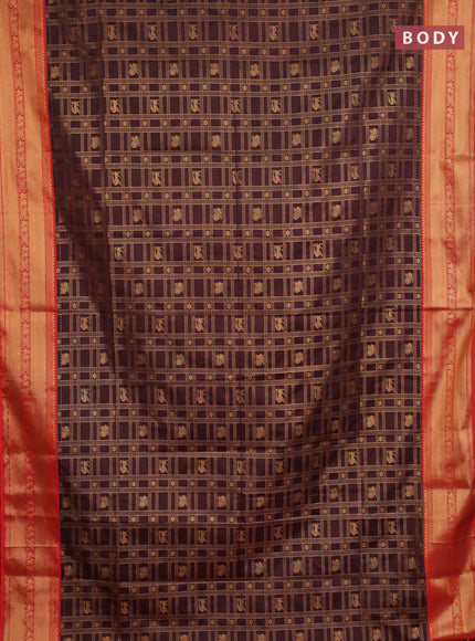 Semi soft silk saree coffee brown and orange with allover zari checks & buttas and zari woven border