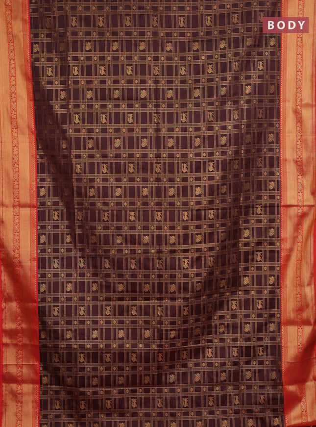 Semi soft silk saree coffee brown and orange with allover zari checks & buttas and zari woven border