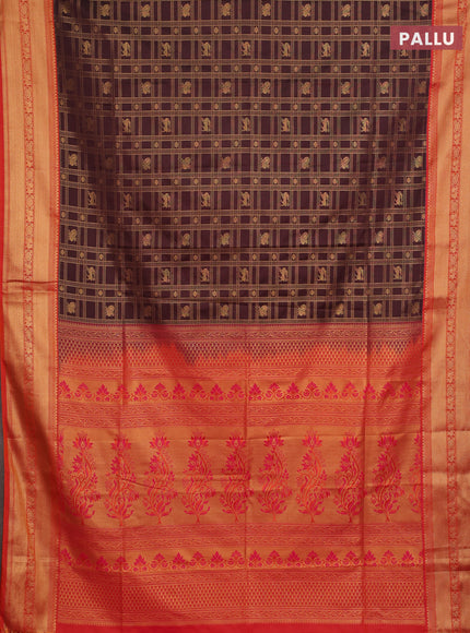 Semi soft silk saree coffee brown and orange with allover zari checks & buttas and zari woven border