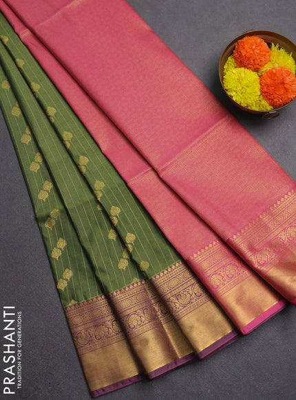Semi soft silk saree green and mauve pink with allover zari weaves & buttas and rich zari woven border