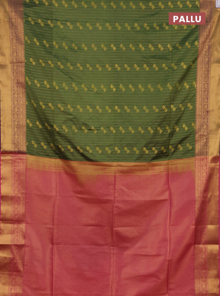 Semi soft silk saree green and mauve pink with allover zari weaves & buttas and rich zari woven border