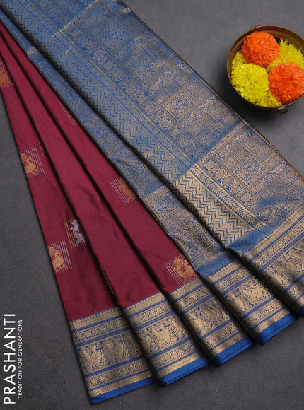 Semi soft silk saree wine shade and cs blue with zari woven buttas and zari woven border