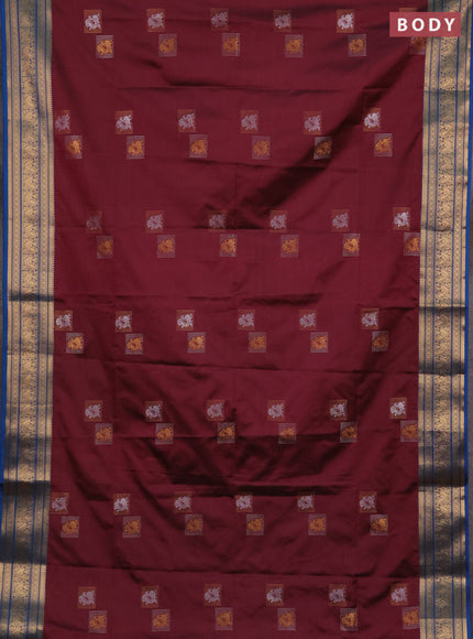 Semi soft silk saree wine shade and cs blue with zari woven buttas and zari woven border