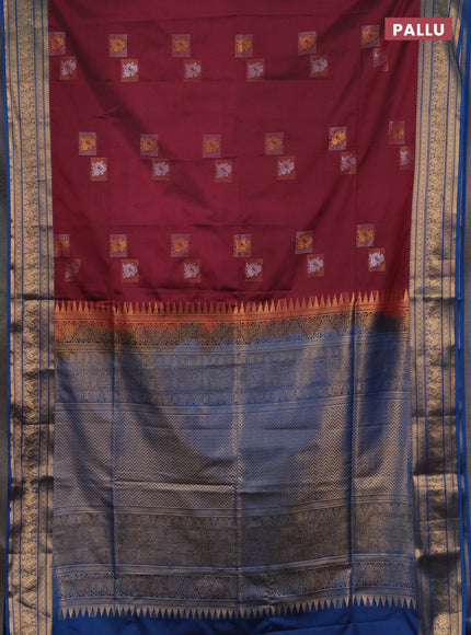 Semi soft silk saree wine shade and cs blue with zari woven buttas and zari woven border
