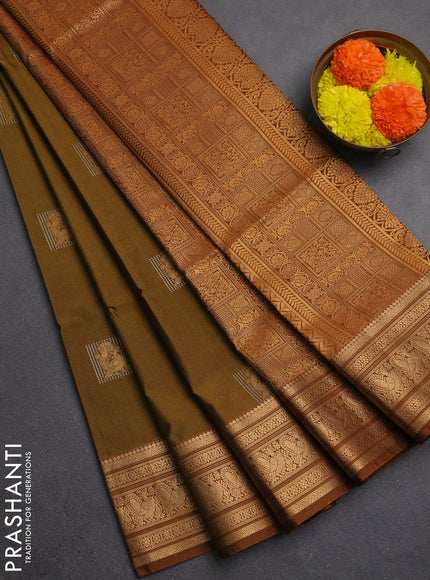 Semi soft silk saree mustard green with zari woven buttas and zari woven border